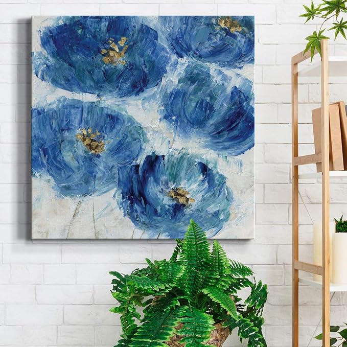 Wexford Home Square Premium Gallery Wrapped Canvas Flower Multicolor Wall Art Abstract Floral Romance Modern Pictures Print for Home Office, Ready to Hang, blue floral fleck, 24x24