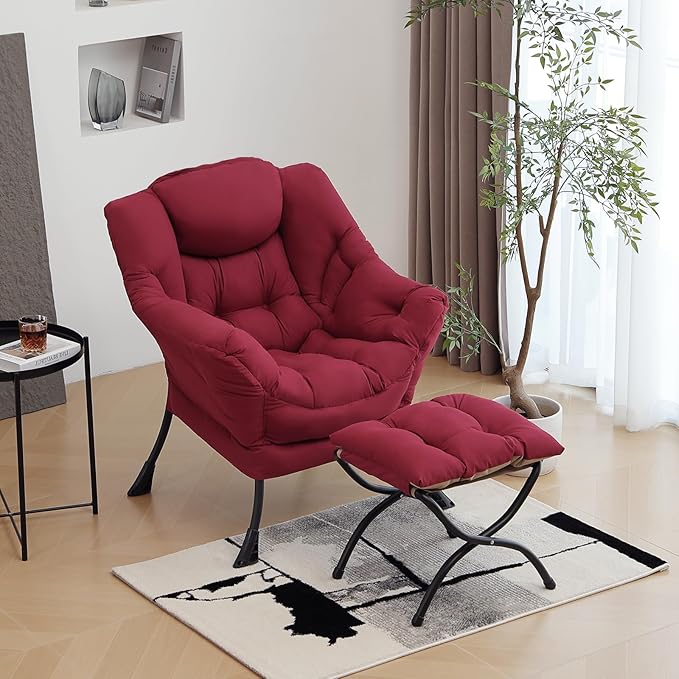 Lazy Chair with Ottoman, Modern Chair with Folding Footrest, Lounge Accent Chair, Comfortable Reading Chair (Burgundy)