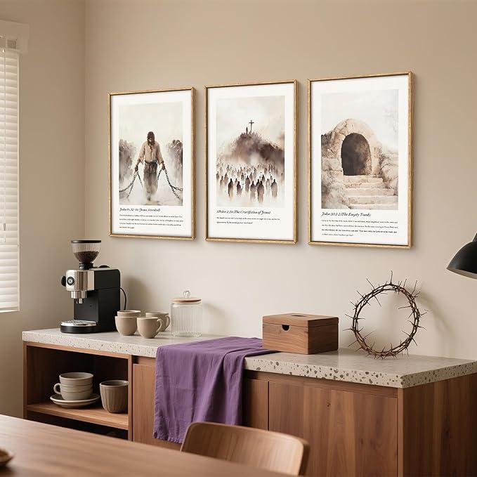 KAIRNE Christian Wall Art Set of 3, Jesus Bible Verses Framed Canvas Prints, Religious Jesus Liberation, Crucifixion, Empty Tomb Home Decor for Living Room, Bedroom, Church - 16x24 Inch