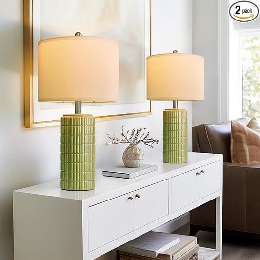 PoKat 23" Green Ceramic Table Lamps Set of 2, Farmhouse Table Lamps for Living Room, Modern Lamps for Bedroom Night Stands, Traditional Nightstand Desk Lamps, Medium