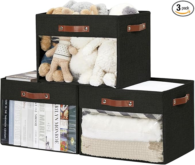 Extra Large Storage Baskets with Clear Window, See Through Closet Organizer with PU Handles, Linen Foldable Storage Bins for Organizing Clothes, Toys, Books (Black)