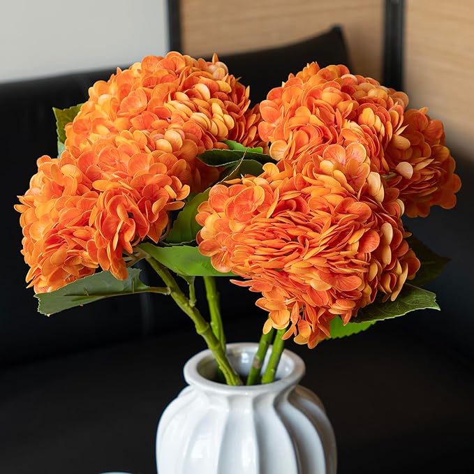 3PCS 22 inch Realistic Artificial Hydrangea Large Real Touch Flowers Artificial Flowers Dry Flowers Outdoor Wedding Christmas Office Family Party Living Room Table Decoration (Orange)