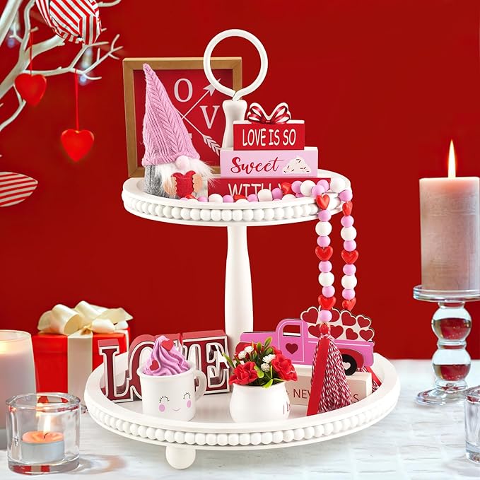 8 Pieces Valentine's Day Tiered Tray Decor, Valentine Home Table Tray Shelf Decor Gifts, Tray Objects Decoration Bundle Plush Gnome Ceramic Wood Sings Bead Garland Love Plaques Decorative Set