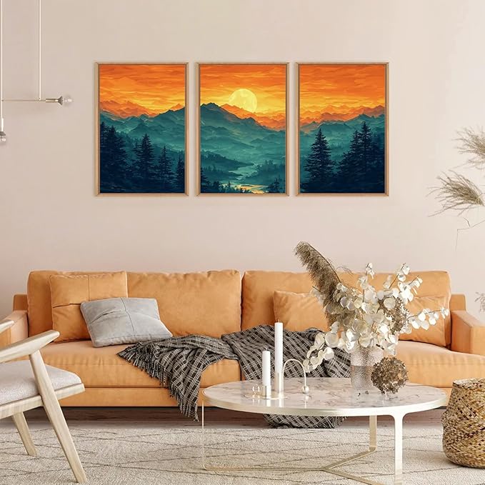 HOURIA Large Sunrise Mountain Forest Landscape Framed Canvas Wall Art Set,Orange Sky Green Ridge Wall Decor,Nature Pine Tree Artwork,Boho Watercolor Art Print for Living Room, Bedroom- 16"x24"x3