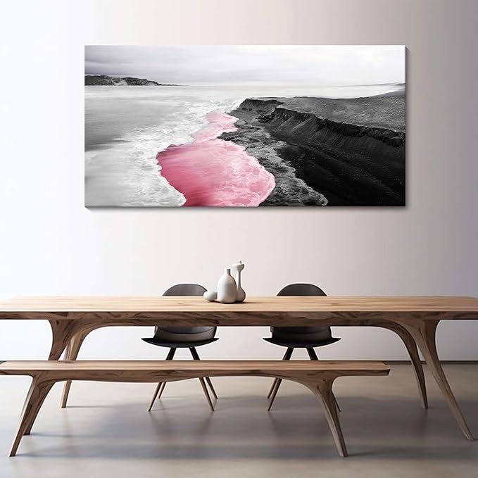 YCPRIMER Pink Canvas Wall Beach Black and White Picture for Living Room Largre Artwork for Wall Coastal Ocean Seascape Painting bedroom Wall Decor Above Bed 29×58IN