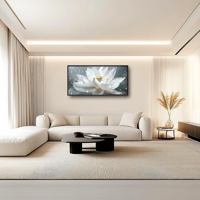 Olivine Zen Wall Art, Lotus Pictures Wall Decor, White and Golden Lotus Painting Flower Canvas Prints, Framed Artwork for Bedroom Bathroom Living Room Dining Room Office Home Decoration 60"x30"