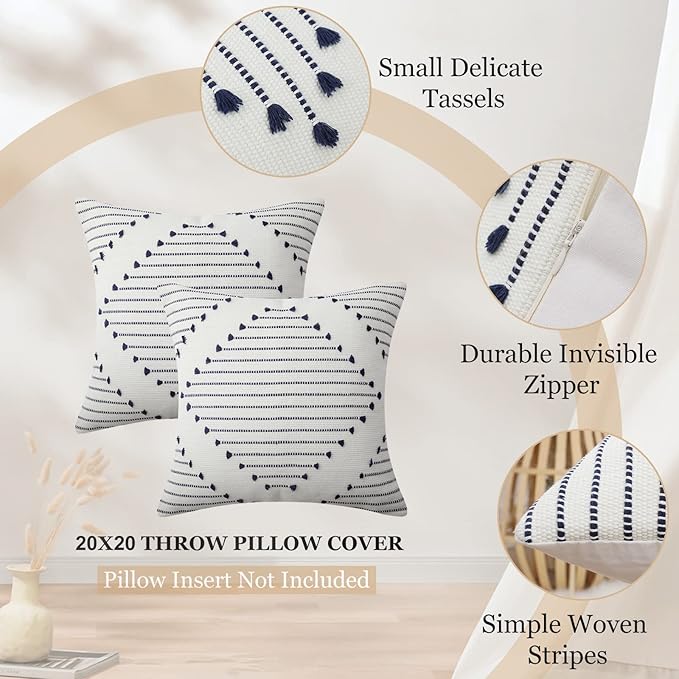Mecatny Boho Outdoor Throw Pillow Covers 20X20 Set of 2, Farmhouse Decorative Pillow Covers for Couch Sofa Living Room, Navy & Cream White