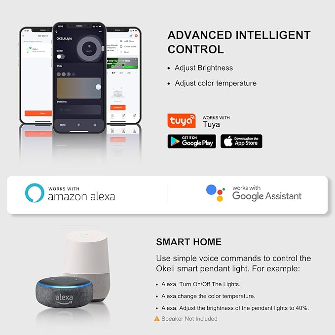 OKELI Pendant Light Smart, Modern Black Pendant Lights Fixture, Dimmable Unique LED Pendant Lighting for Kitchen Island,20W,2700-6000K, ETL(1Pack)