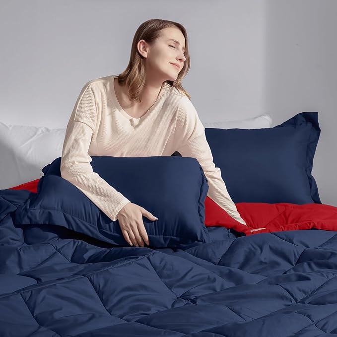 Beyond Twin Comforter Set - Navy/Red Reversible Comforter Set for All Seasons, 1 Comforter (66"x92") and 1 Pillow Sham (20"x26"+2")