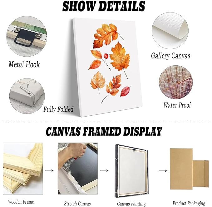 Generic Framed Autumn Leaves Canvas Print posters Rustic Fall Decor Halloween Wall Art Autumn Watercolor Artwork Fall Poster 16x24 framed