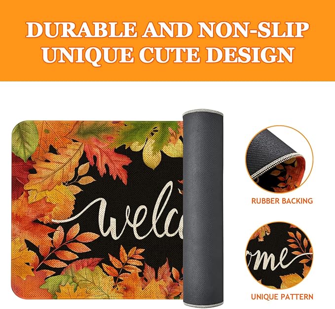 Fall Welcome Doormat 30x17 Inch Fall Leaves Front Door Mat Indoor Outdoor Entrance Floor Mats Non-Slip Washable Seasonal Autumn Thanksgiving Home Decor Rugs