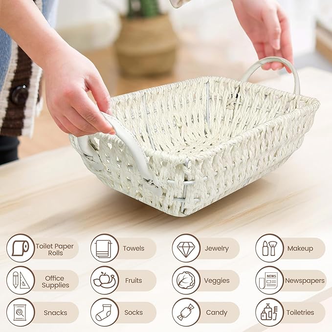 Paper Rope Woven Toilet Paper Basket, Small Wicker Storage Baskets for Organizing with Handles, Bedroom Decor Baskets Toilet Tank Shelf Storage Bins (Set of 2, White)