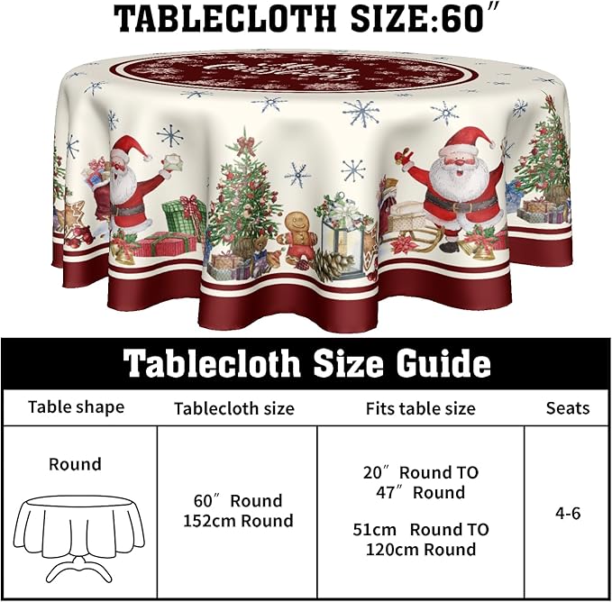 Christmas 60 Inch Round Tablecloth Merry Christmas Trees Round Table Cloth Xmas Santa Decorative Table Cloth Christmas Snowflakes Dining Table Cover for Winter Holiday Farmhouse Party Picnic Decor