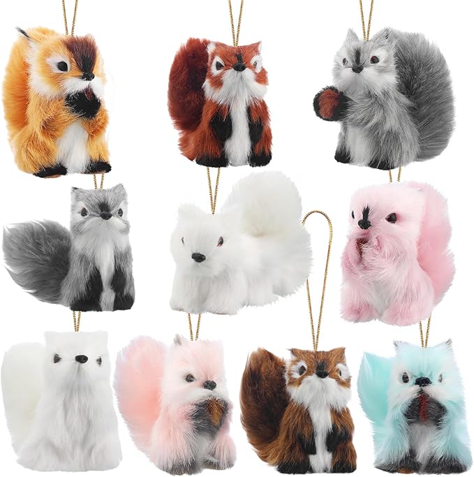 Skylety 10 Pieces Forest Animals Ornaments Woodland Animal Faux Fur Plush Hanging Ornaments Family Educational Playset for Fall, Christmas, Winter Birthday Party Supplies(Squirrels)
