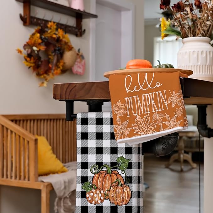ARKENY Fall Kitchen Towels Set of 2,Black Buffalo Check Pumpkin Autumn Dish Towels 18x26 Inch Drying Dishcloth,Farmhouse Home Decoration AD127
