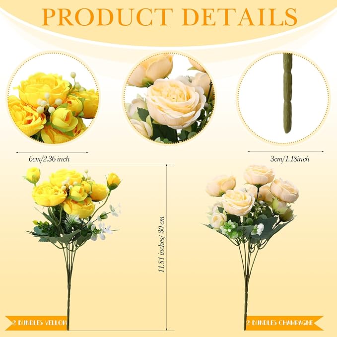 Geosar 8 Bundles Artificial Peonies Flowers Fake Silk Peony Bouquet Faux Peonies Flowers Bulk for Decoration Vase Florals Arrangements Wedding Party Table (Yellow,Champagne)