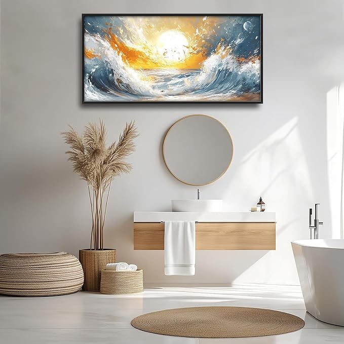 Trulave Ocean Sea Framed Wall Art for Living Room, Large Waves Canvas Wall Decor, Vintage Beach Sunset Pictures, Modern Artwork for Living Room Bedroom 60L'' × 30W''