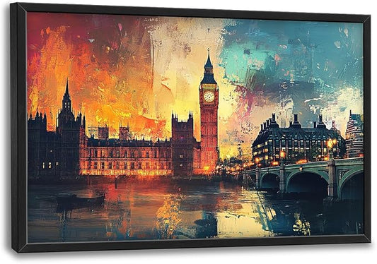 London Big Ben Framed Wall Art for Living Room, Large Cityscape Canvas Wall Decor, Bridge Pictures Painting, Natural Landscape Modern Artwork for Bathroom Bedroom 36L'' × 24W''
