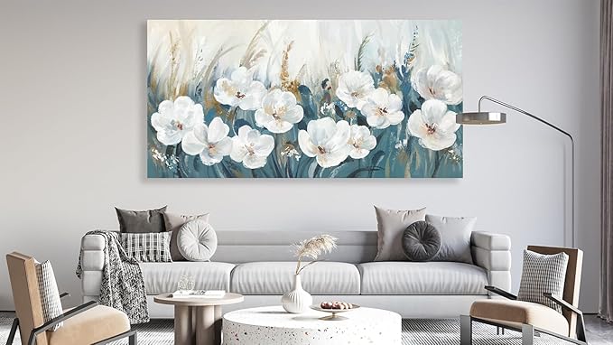 NINEASO Flowers Canvas Wall Art - White Flowers Pictures Abstract Floral Wall Decor Navy Blue Reed Botanical Painting Print Artwork for Living Room Bedroom Home Office Decorations 20" x 40"
