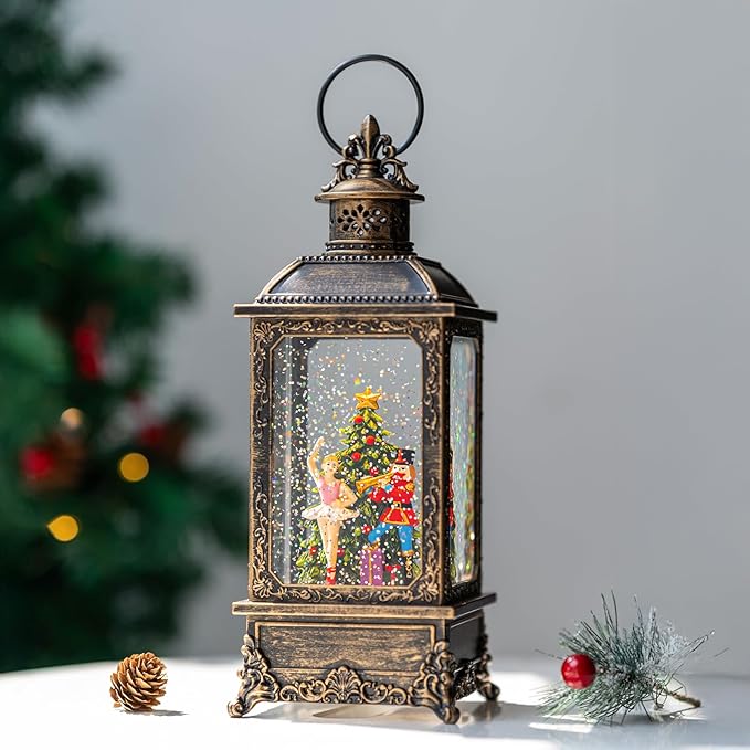 Christmas Nutcracker Snow Globe Lantern - Vintage LED Swirling Glitter Water Lamp with Clara & Soldier, Plays The Nutcracker Suite Music, 6-Hour Auto Timer - Holiday Tabletop Decor & Gift