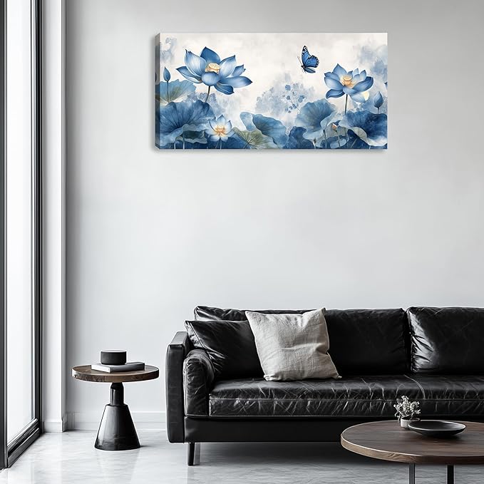 Large Zen Canvas Wall Art Blue Lotus Aesthetic Pictures Wall Decor for Yoga Meditation Room Bedroom Living Room Office Decor Poster Prints Painting Framed Artwork 40L x 20W