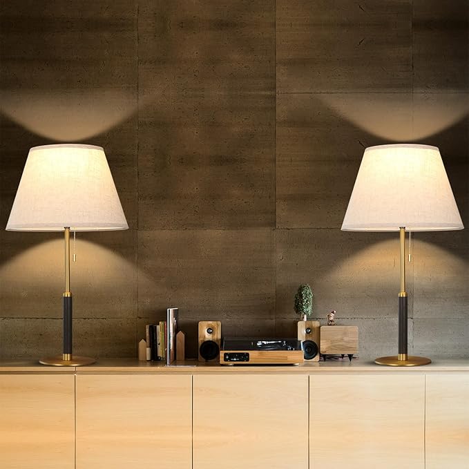 26.4" Set of 2 Modern Living Room Table Lamp for End Tables Bedside Lamps for Bedroom 3-Color Temperatures Pull Chain Switch Lamp Wood Fabric for Home/Office/Desk Decor (Light Brown+Brass)