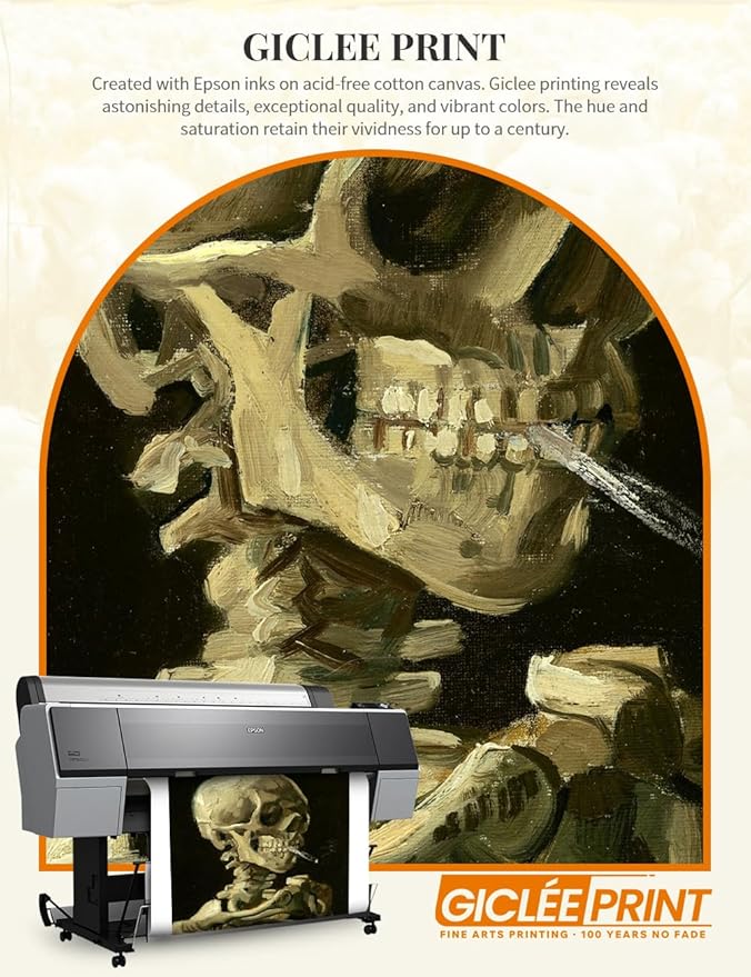 DECORARTS - Head of a Skeleton with a Burning Cigarette - Vincent Van Gogh Giclee Prints w/Antique Brown Frame for Wall Decor. Picture Size: 16x20, Total Size w/Frame: 19x23