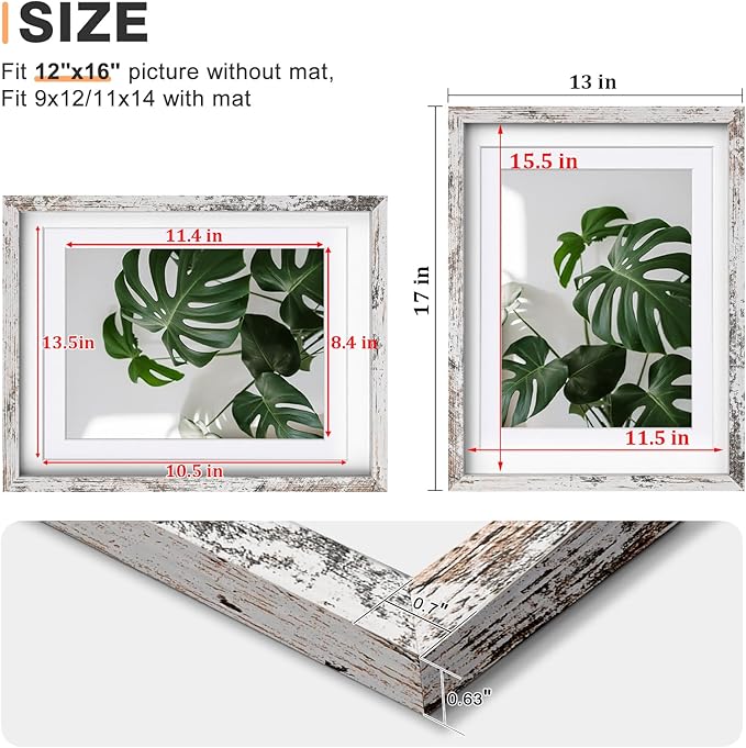 Egofine 12x16 Picture Frames Set of 4, Made of Solid Wood Covered by Plexiglass 9x12 and 11x14 with Mat or 12x16 without Mat, for Wall Mounting Photo Frame Rustic White