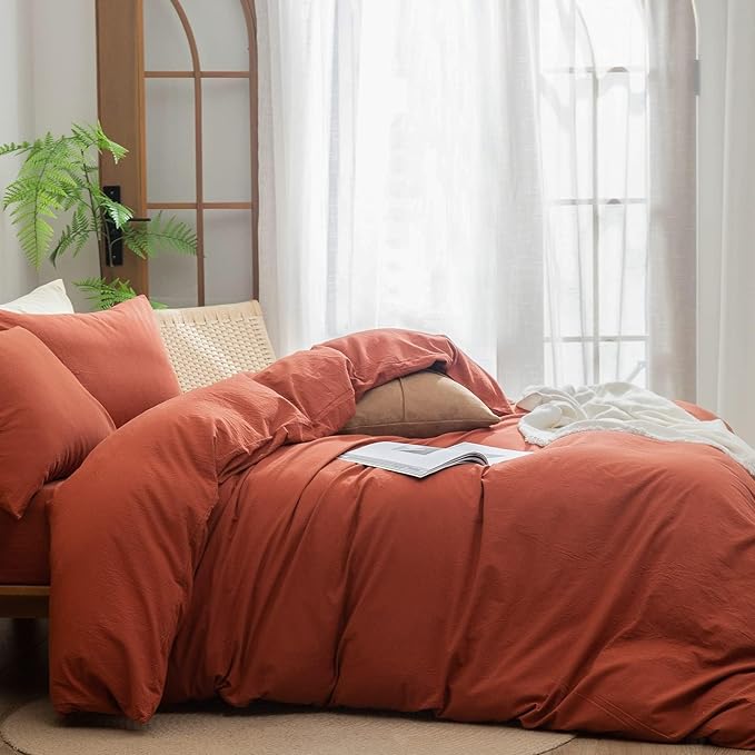 BESTOUCH Duvet Cover Set 100% Washed Cotton Linen Feel Super Soft Comfortable Chic Lightweight 3 PCs Home Bedding Set Solid Burnt Brick Red Oversized Full