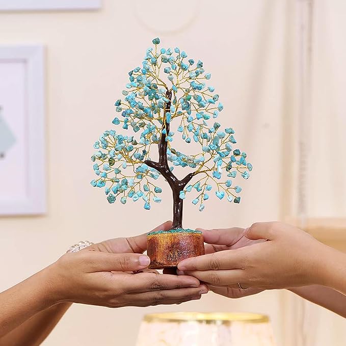 Turquoise Gemstone Crystal Tree, 2 Chakra Pendants, Crystals and Healing Stones, Birthday Gifts for Women, Gemstone Tree, Office Decor, Chakra Stones, Positive Energy Crystals, Gifts for Mom 10-12"