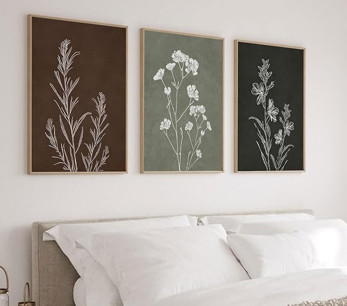 3Pcs Framed Botanical Canvas Wall Art Gallery Wrap Prints Minimalist Floral Posters Modern Botanical Artwork for Living Room Bedroom Bathroom Office Decor 16x24 Inch