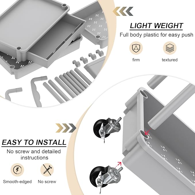 Goovilla 4 Tier Rolling Utility Cart Organizer with Removable Drawer, Stable and Sturdy Grey Rolling Storage Carts with 2 Lockable Wheels for Bathroom, Kitchen, Snack, Craft, Makeup, Baby Essentials
