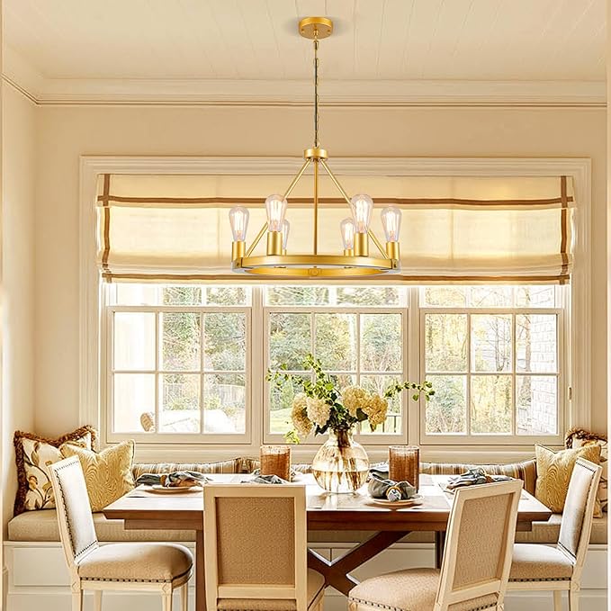 9MMML Gold Wagon Wheel Chandelier, 6-Light Industrial Pendant Light, 20'' Farmhouse Ceiling Hanging Chandelier Light Fixture for Living Room, Bedroom, Entryway, Foyer