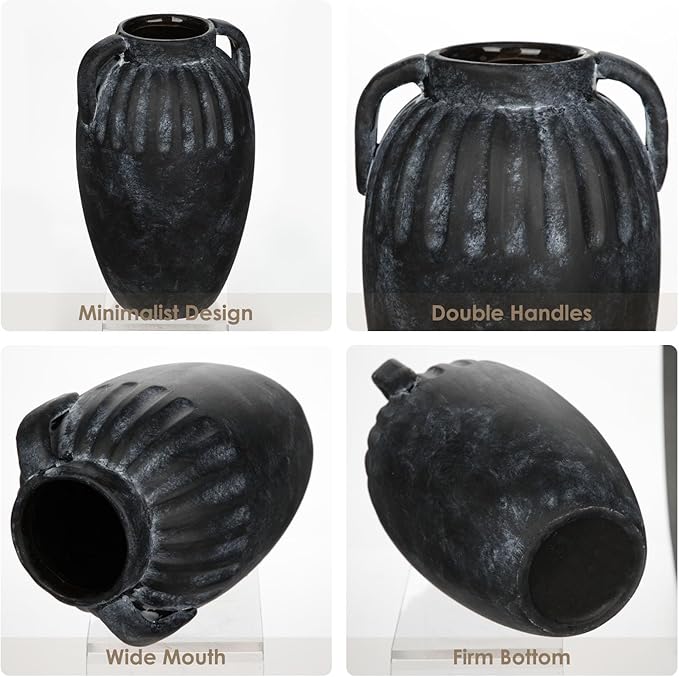 Ceramic Rustic Farmhouse Vase, 9 inch Pottery Black Flower Vase with 2 Handles for Centerpieces Pampas Grass Boho Modern Rustic Farmhouse Decor for Living Room Kitchen Countertop Dinner Table Shelves