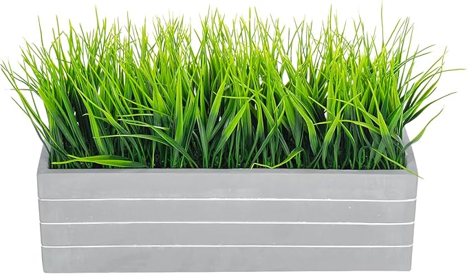 MyGift 15 Inch Artificial Green Grass Plants Potted in Ribbed Gray Concrete Planter Box, Tabletop Faux Greenery in Rectangular Cement Pot Centerpiece Décor