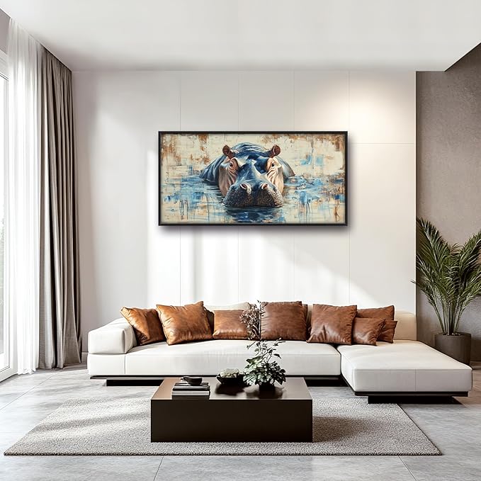 Extra Large Framed Abstract Hippo Wall Art,Oversized African Hippopotamus Wild Animal Wall Decor,Vintage Pictures for Living Room,Canvas Print Painting Modern Artwork Bedroom Office Bathroom 60L x30W