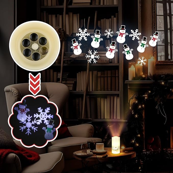 Christmas Flameless Candle Snowflake Snowman Projector Light Colorful LED Candle Battery Operated Night Light with Remote and Timer Indoor Bedroom Home Decor for Christmas Party Gift Decor