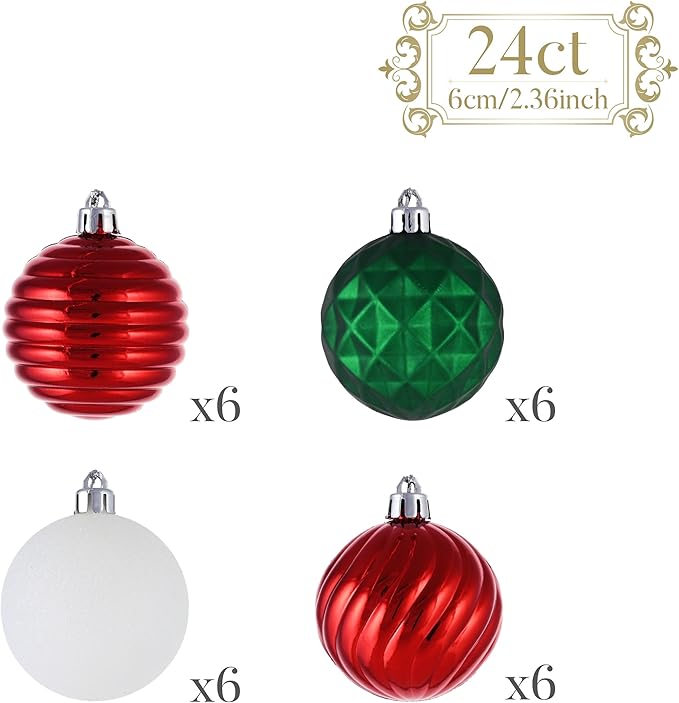 Valery Madelyn Christmas Ornaments Tree Decorations Set for Fall Halloween, 24ct Red Green White Shatterproof Ball Ornaments, 2.36" Hanging Ornament Bulk for Xmas Holiday Party Decor