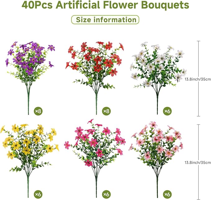 SHareconn 40 Bundles Artificial Flowers for Outdoors Spring Decoration, Fake Silk Realistic Faux Plants UV Resistant for Outdoor Planter Porch Patio Summer Outside Decor, RedRosyPurpleYellowPinkWhite
