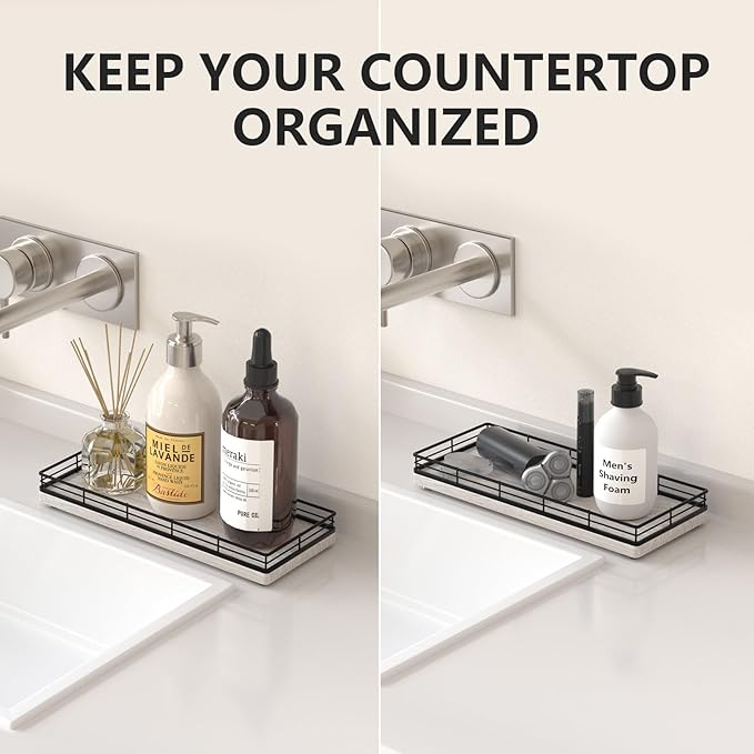 Bathroom Tray for Counter Top Organizer – Ash Wood Vanity Tray with Metal Frame for Dresser, Kitchen, Nightstand – Black & Whitewashed Decorative Storage