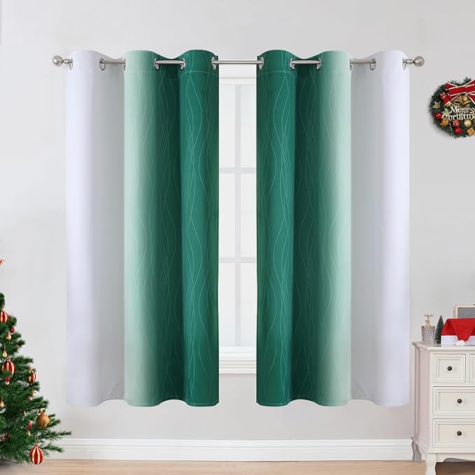 Estelar Textiler Ombre Greyish White and Green Blackout Curtains & Drapes for Bedroom, Thermal Insulated Full Light Blocking Grommet Blackout Spring Drapes for Kids Room, 42Wx63L, 2 Panels