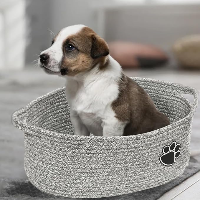 Small Woven Baskets for Organizing Rope Storage Basket with Handle Cute Cotton Basket for Nursery Gift Dog Toy Storage Bins for Toy Organizer-Grey