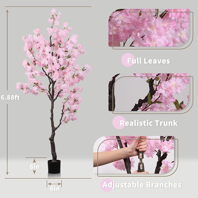 Artificial Pink Cherry Blossom Tree 7ft(83in) Tall Fake Silk Leaves Indoor Decor Handmade Lifelike Sakura Tree for Wedding Realistic Cherry Plant in Pot for Home Living Room,Office,Outdoor Decor