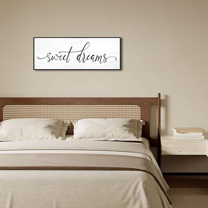 Sweet Dreams Wall Decor Above Bed: 32''×12'' Large Framed Bedroom Canvas Wall Art,Farmhouse Sweet Dreams Sign For Master Bedroom Guest Room Black Hanging Decorative Wall Sign
