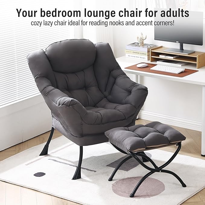 Lazy Chair with Ottoman, Modern Chair with Folding Footrest, Lounge Accent Chair, Comfortable Reading Chair, Oversized Armchairs for Bedroom, Study, Living Room, Courtyard (Dark Grey)