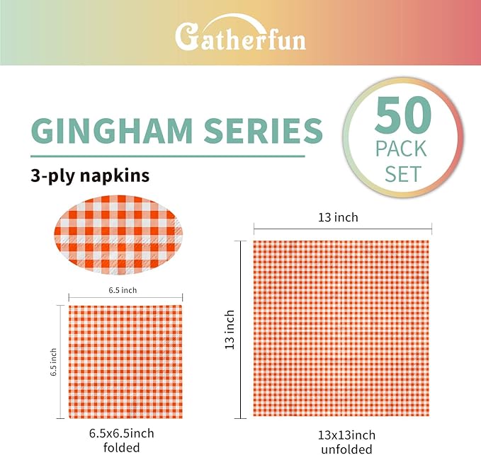 Gatherfun Disposable Paper Napkins 3-ply Orange and White Gingham Beverage Napkins for Dinner, Picnic, Birthday Party（6.5X6.5 in, 50-Pack)