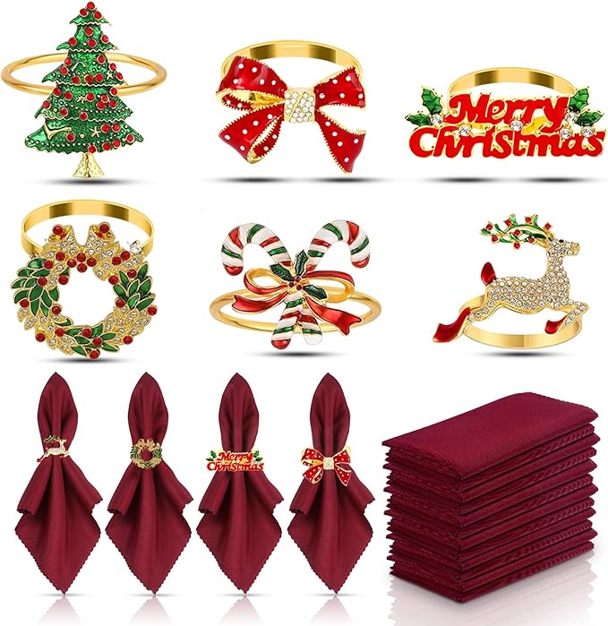 KPOSIYA 12PCS Christmas Napkin Rings Set of 6 and 6pcs Red Napkins Cloth, Metal Xmas Napkin Ring Holders for Winter Christmas Holiday Dinner Party Table Decoration