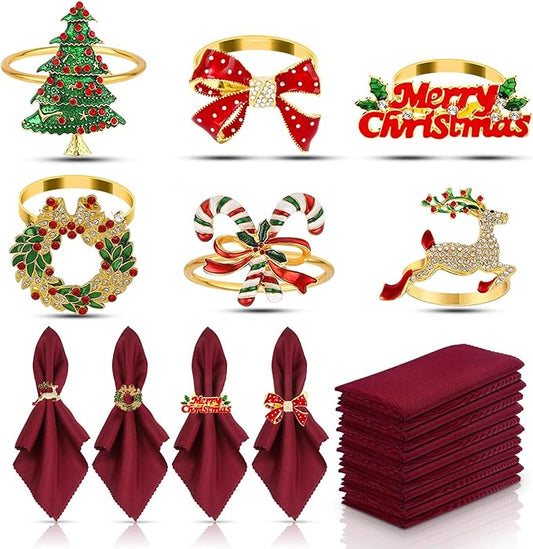 KPOSIYA 12PCS Christmas Napkin Rings Set of 6 and 6pcs Red Napkins Cloth, Metal Xmas Napkin Ring Holders for Winter Christmas Holiday Dinner Party Table Decoration