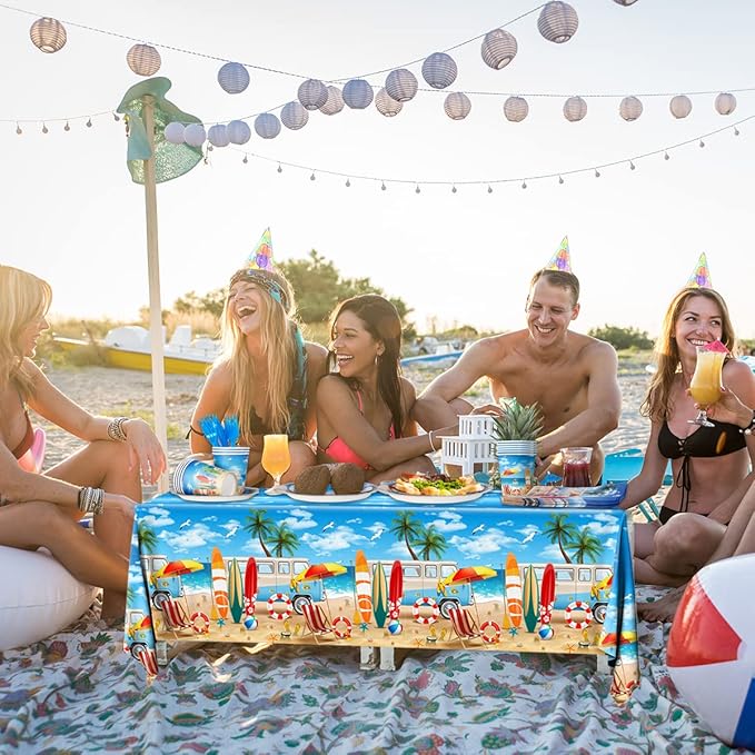 Beach Birthday Party Supplies - 142PCS Hawaiian Pool Party Decoration Including Beach Dinner Plates,Tablecloth for Summer Beach Tropical Baby Shower Birthday Decoration