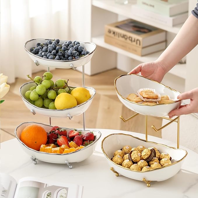 Ceramic Fruit Bowl for Kitchen Counter - 3 Tier Fruit Basket with Metal Stand, Tiered Fruit Stand for Countertop, Snack, Nuts, Cake, Dessert, Small & Cute (Silver-rimmed)